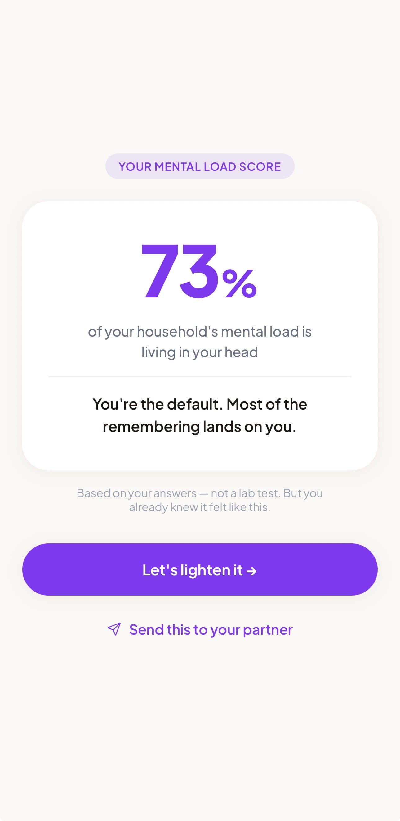 The Carry app showing a Mental Load Score of 73%, with the line “You’re the default. Most of the remembering lands on you.”