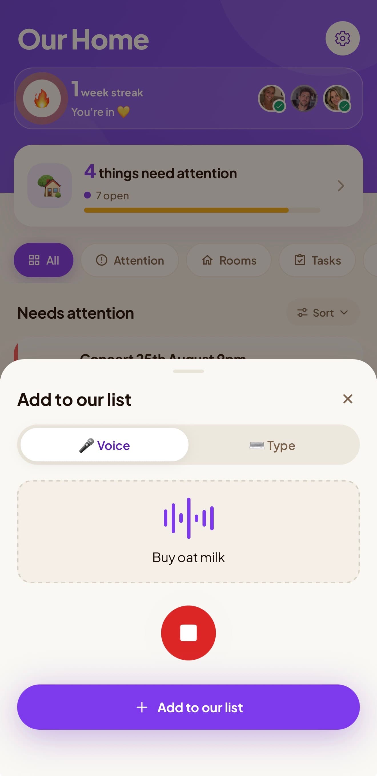 The Carry app capturing “Buy oat milk” by voice, ready to add to the household list